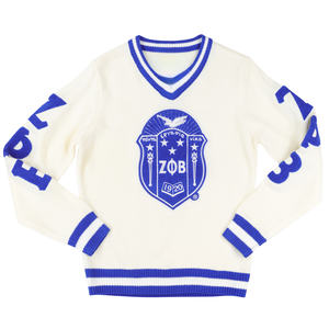 Pull en laine ivoire à col en V Zeta Phi Beta, broderie de lettres grecques ZPB, bordure côtelée, vêtements en tricot de qualité supérieure pour femmes - Product Image 1