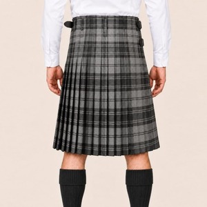 Global Fashion 2026 <b>Men's</b> Polyviscose Tartan <b>Kilt</b> Pleated High Waist <b>Black</b> Gray Plaid Pattern - Product Image 2