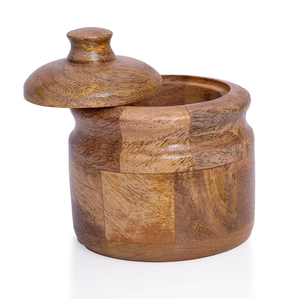 Pot à sucre en bois d'acacia sculpté à la main avec couvercle et cuillère, finition brûlée de luxe, pot à épices décoratif, récipient de rangement pour cuisine et salle à manger - Product Image 4