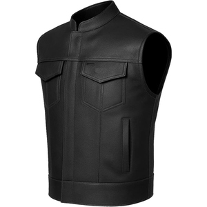 Custom Men's <b>Black</b> Genuine Leather Biker <b>Vest</b> Stand Collar Motorcycle Leather <b>Vest</b> Sleeveless Leather Jacket - Product Image 1