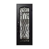 Porte d'entrée en fer forgé de luxe royal, résistante à la rouille, à montage facile, avec panneau en verre cintrée et motif complexe