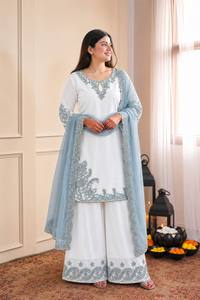 White Embroidered Cotton <b>Kurta</b> Palazzo Set with Sequins and Lace Dupatta for <b>Women</b> Traditional Wedding Wear - Product Image 5