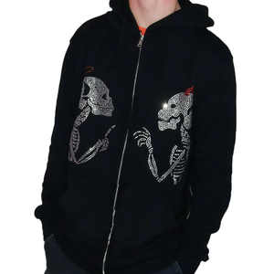 Sudadera con Capucha Negra para Hombre, Diseño de Calaveras con Pedrería, Cierre de Cremallera, Estilo Gótico, Corte Regular, Ropa de Otoño - Product Image 2