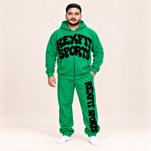 Survêtements verts avec appliqué lettres noires, ensemble unisexe sweat à capuche zippé et pantalon de jogging, étiquette personnalisée, streetwear décontracté, vente en gros - Product Image 3