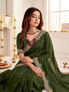 Sari de Georgette Verde Elegante de AARA Fashion con Borde Bordado para Mujer, Estilo Indio-Pakistaní, Largo hasta el Suelo, para Bodas - Product Image 5