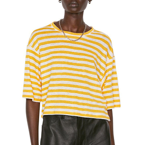 Drop Shoulder Contrast Color <b>Stripes</b> Design Women's <b>Crop</b> T-Shirts Bulk Orders Low MOQ Summer Wear Cropped <b>Tops</b> Shirts - Product Image 2