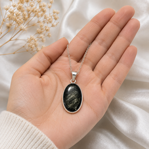 Pendentif ovale en obsidienne noire naturelle à reflets argentés, en argent sterling 925, serti à la main, avec pierre précieuse chrétienne, certifié tiers - Product Image 4