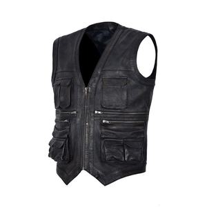 Gilet en cuir noir au design unique pour hommes, en véritable peau de mouton, style vintage Chris Pratt Jurassic World, avec plusieurs poches - Product Image 2