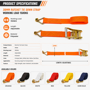 Sangle d'arrimage à cliquet en polyester haute ténacité de 1,5 pouce avec crochets plats, 20 pieds, 1500 kg, service OEM, directement de l'usine - Product Image 4