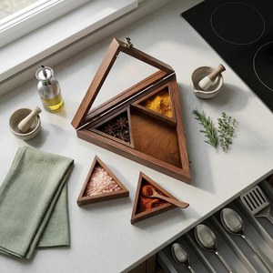 Wooden <b>Spice</b> <b>Box</b> Triangular Shape with Four Containers, Indian Rosewood Crafted - Gift for Her - Product Image 5