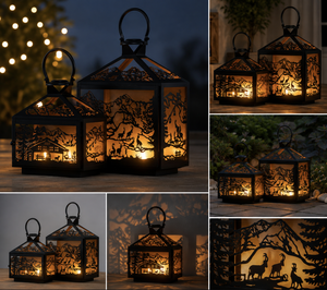 Decorative Metal <b>Lantern</b> <b>Set</b> with Mountain Wildlife Cutout Design Hanging Candle Holder for Home Décor and Outdoor Ambience Lamp - Product Image 5
