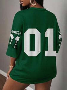Camiseta deportiva verde bordada con el número 01 y diseño de estrellas, material de algodón para mujer, ropa informal de moda - Product Image 3