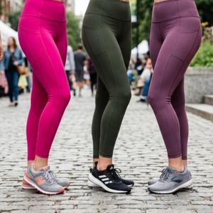 Legging de yoga et de course OEM pour femme, taille haute, uni, avec nœud, séchage rapide, respirant, avec poche - Product Image 1