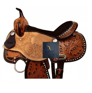 Silla de montar western de cuero tópico con grabado floral, asiento de gamuza negra, accesorios de acero inoxidable y juego de arreos, de 10 a 18 pulgadas - Product Image 2