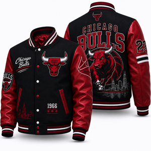 เสื้อแจ็คเก็ต Letterman Varsity แบบกำหนดเองสำหรับผู้ชาย ปักลาย แขนหนัง ผ้าขนสัตว์ แจ็คเก็ตเบสบอล ป้ายทีม สตรีทแวร์ - Product Image 1