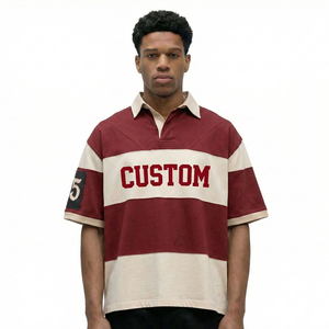 Custom Printed <b>Men's</b> Short Sleeve Polo <b>Shirt</b> <b>Red</b> <b>And</b> Cream Contrast Trim Preppy Style Oxford Fabric Regular Fit - Product Image 2