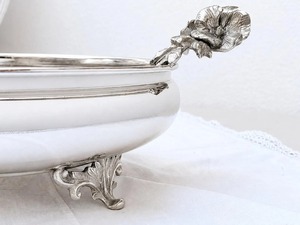 Designer <b>Silver</b> Finished Floral Decorative Handle Display Bowl Perfect For Coffee <b>Tables</b> <b>Consoles</b> And Dining Displays From India - Product Image 2