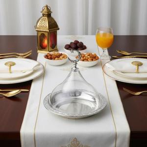 Luxury Ramadan Metal Dates Serving <b>Tray</b> with Dome Lid Gold Crescent Moon Cover Decorative Dessert Display Plate cake stand - Product Image 4
