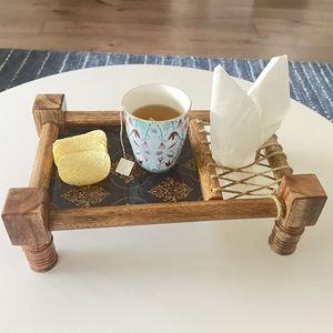 Plateau de service traditionnel en bois artisanal Charpai avec corde, impression personnalisée, pour Diwali, pour servir des collations et des boissons - Product Image 5
