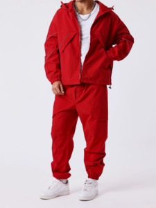 <b>Mens</b> <b>Red</b> Windbreaker Tracksuit Set Oversized Hooded Jacket and Cargo Jogger Pants Lightweight Streetwear Sportswear Outfit Water - Product Image 3