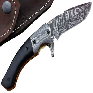 Couteau pliant artisanal pour la chasse en plein air, lame en acier à motif Damas, manche en bois, étui en cuir, camping, randonnée, bricolage, OEM - Product Image 1