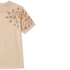 เสื้อยืดคอกลมสีเบจสำหรับผู้หญิง ลายปักดอกไม้สีน้ำตาล ผ้าฝ้าย แขนสั้น สไตล์ลำลอง รับผลิตตามแบบ OEM คุณภาพพรีเมียม แฟชั่นฤดูร้อน - Product Image 4