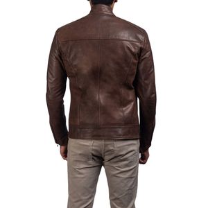 Veste en cuir véritable marron pour homme, col montant décontracté, fermeture éclair, manteau d'automne - Product Image 2