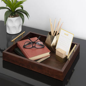 Plateau en bois artisanal avec élégantes poignées en métal doré Plateaux en bois au design personnalisé Plateau de service élégant de couleur brun noyer foncé - Product Image 4