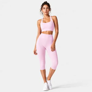 Women's Pink Seamless Yoga Sports Bra And <b>Leggings</b> Set Medium Support Halter Neck Square Neck High <b>Waist</b> Capri Length - Product Image 1