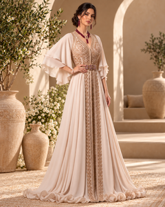 Caftán Marroquí Beige Champán con Bordado Dorado, Mangas con Volantes en Capas y Cinturón Morado, Maxi Vestido de Terciopelo Color Ciruela con Cuello en V, Transpirable - Product Image 6