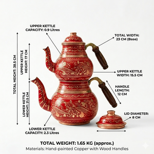 Handmade Turkish Copper Tea <b>Set</b> Wholesale, Traditional Red Floral Tea Pot, Double Kettle <b>Teapot</b> for Home and Restaurant Use - Product Image 5