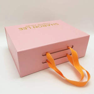 Elegant Pink Folding Gift <b>Box</b> with Ribbon Handle Luxury <b>Foldable</b> Pink Packaging <b>Box</b> with Ribbon Handle - Product Image 5