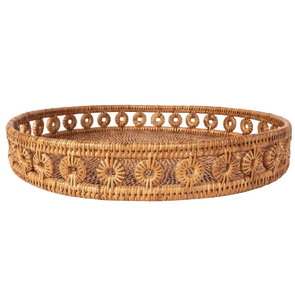 Plateau rond élégant en rotin naturel avec insert en verre lisse, bordure décorative, disponible à prix de gros. - Product Image 6