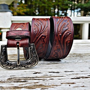 High Quality Durable Hand Carving Stylish Wester Leather <b>Tooling</b> <b>Belt</b> for Men and Women with designer Brass Buckle - Product Image 6