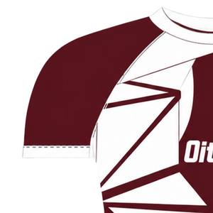 Maillot de compression athlétique personnalisé marron et blanc à manches courtes, col ras du cou, motif géométrique, pour entraînement de performance et sports nautiques - Product Image 3