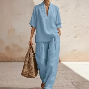 Ensemble Coordonné 2 Pièces Tendance Femme 2026 en Lin : Haut Minimaliste Col V et Pantalon Large – Tenue Décontractée d'Été pour Vacances, Imperméable - Product Image 4