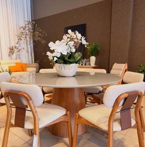 Luxury <b>Round</b> Teak <b>Dining</b> <b>Table</b> <b>Set</b> with Upholstered Chairs Modern Contemporary Furniture - Product Image 1
