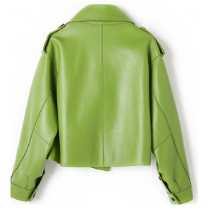 Chaqueta Blusón de Cuero Sintético Verde para Mujer, Manga Corta, Hombros Caídos, Cuello Camisero, Estilo Otoñal con Epaulettes y Cierre de Cinturón - Product Image 3