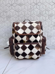 High Quality Cowhide Leather <b>Backpack</b> Softback Unisex Day <b>Backpack</b> Multiple Pockets Checks Design School Bag Zipper Closure - Product Image 1