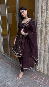 Vestido largo indio de encaje de georgette sintético para mujer, listo para usar, con conjunto de dupatta pakistaní, estampado digital, bordado con hilo, salwar kameez pesado. - Product Image 2