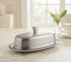 Plat à beurre ovale en acier inoxydable avec couvercle, vaisselle minimaliste pour la cuisine et les fêtes, conservation hermétique de la fraîcheur - Product Image 1