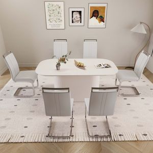 Set di 6 Sedie Senza Braccioli in Stile Moderno Medievale, in MDF e PU, Colore Crema, 63 Pollici Set da Pranzo in Metallo Placcato Argento da Assemblare per Sala da Pranzo - Product Image 1