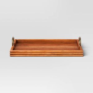 Bandeja de Almacenamiento y Organización de Madera Natural de un Solo Nivel con Asas Decorativas, Bandeja para Servir sin Acabado - Product Image 4