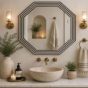 Miroir mural en os incrusté de haute qualité pour la décoration de la maison, miroir mural octogonal, design Art Déco, cadre noir et blanc, décoratif - Product Image 2