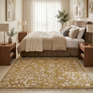 Alfombra Antideslizante Ecológica de Lana Color Marfil Dorado, Hecha a Mano con Diseño Botánico de Hojas de Vid, Elegante Alfombra para Sala de Estar - Product Image 3