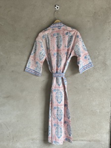 Block Print Cotton <b>Kimono</b> Robe <b>Long</b> Sleeve Floral Beach Cover Handcrafted V-neck Full-Length Belted Spring Resort Wear Front - Product Image 4