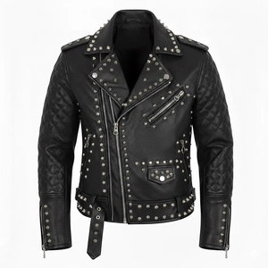 Men’s Black Studded Leather Moto <b>Jacket</b> - <b>Gothic</b> Punk Rock Edgy Outwear Factory Wholesale 2026 - Product Image 1