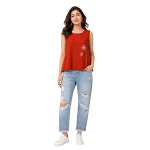 Top Rojo sin Mangas para Mujer, Tejido, con Bordado Floral, Cuello Redondo, Estilo Casual, Primavera - Product Image 1