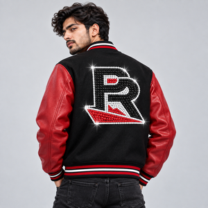 Chaqueta universitaria de animadores para hombre con letras, chaqueta bomber de equipo con pedrería y ribete acanalado premium, con servicio OEM y ODM - Product Image 2