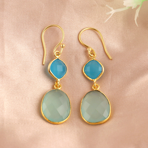 Aqua blue chalcedony briolette dangling <b>earrings</b> handmade bezel set dual stone <b>hook</b> <b>earrings</b> elegant gold plated crystal jewelry - Product Image 6